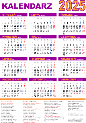Kalendarz 2025 kolorowy pionowy  roczny do wydruku PDF