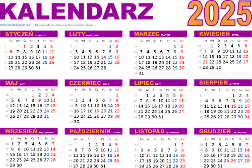 Kalendarz kolorowy 2025 poziomy PDF format A4 do wydrukowania